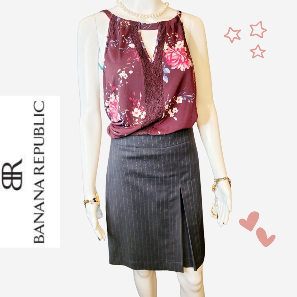 WHBM Floral Blouse and Banana Republic Pinstripe Wool Skirt Set
